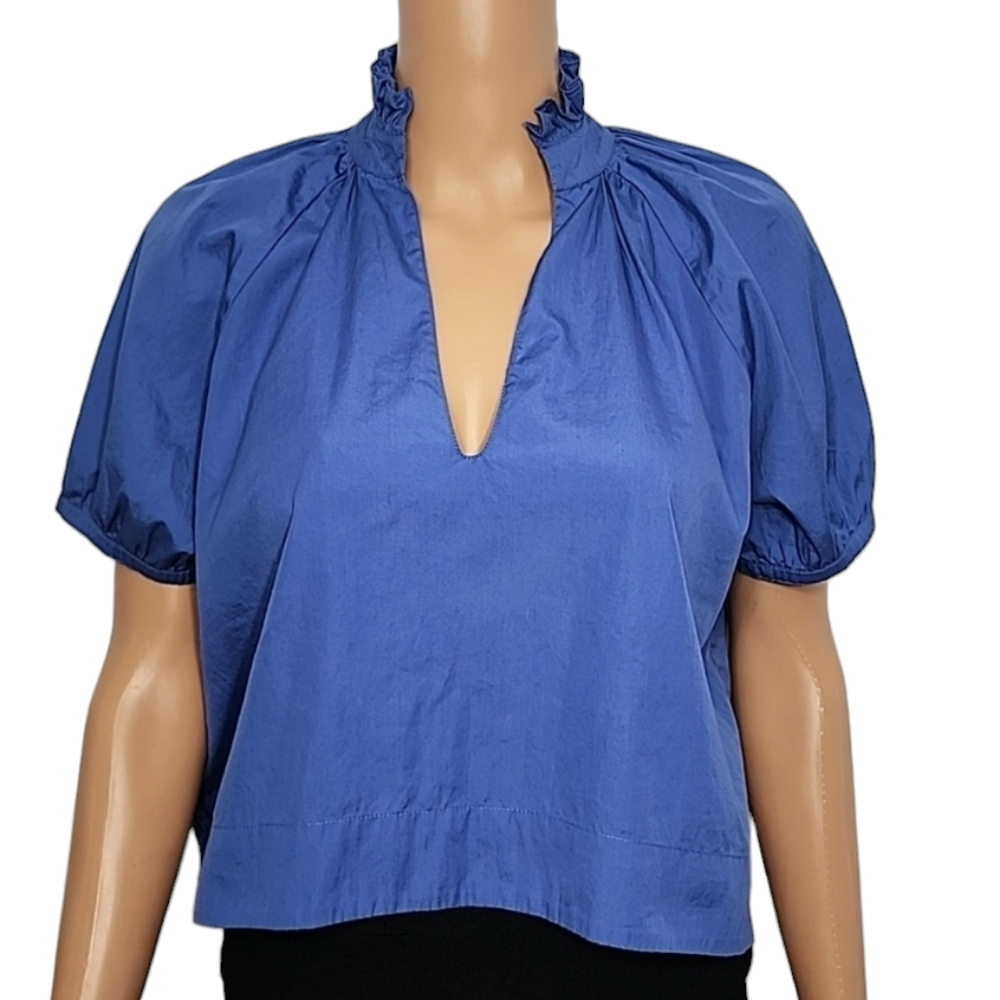OLIVIA JAMES Elizabeth Short Sleeve Top Cotton Ruffle Neck Cropped Blouse Size S